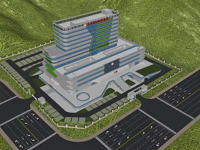 Modern Multi story Hospital Building With Parking Area And Green Landscaping 3d model