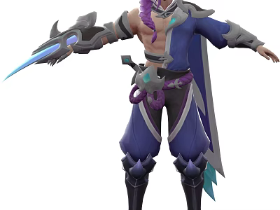 Fantasy Game Character In Blue Purple Outfit With Mechanical Arm 3d model