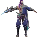 Fantasy Game Character In Blue Purple Outfit With Mechanical Arm