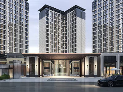 Modern Residential Entrance Gate in Front of High Rise Buildings with Portico and Lighting 3d model
