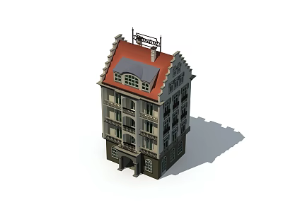 European Style Architecture with Gabled Red Roof and Multi Story Windows Design 3d model