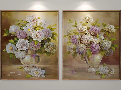 Two Floral Paintings With Vase White Purple Flowers And Green Leaves Hanging On Wall 3d model