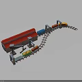 Red Roof Building With Curved Railway Track And Colorful Train Carriages