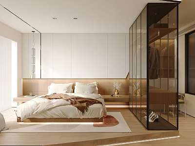 Modern Bedroom Interior Design With Glass Door Wardrobe Bedside Lighting And Area Rug 3d model