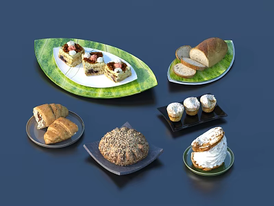 Delicious Baked Goods Collection Featuring Cakes Croissants Sliced Bread Seed Bread Cupcakes And Cream Dessert 3d model