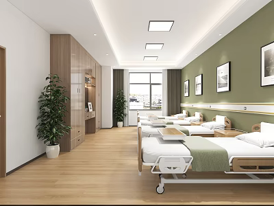 Hospital Outpatient Ward Interior With Beds Plants Cabinets And Windows 3d model