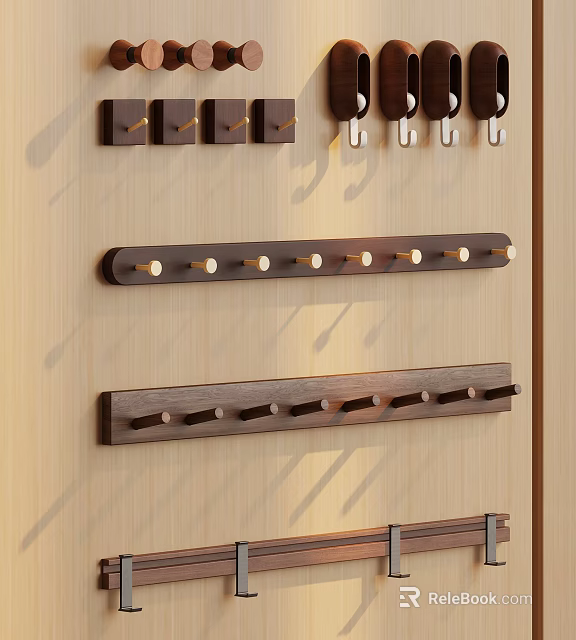 Wooden Wall Mounted Hooks With Multiple Pegs For Home Storage Organization 3d model 