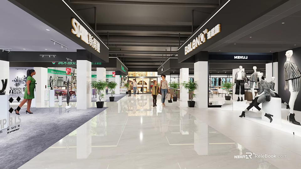 Spacious Bright Shopping Mall Lobby Interior with Shops Pedestrians Potted Plants And Shiny Floors 3d model 