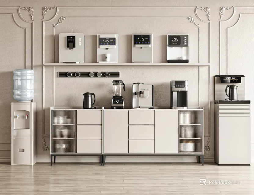 Daily Electrical Appliances Elegant Display In Modern Kitchen Cabinet With Shelves 3d model 