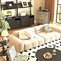 Beige Upholstered Sofa And Black Coffee Table With Geometric Rug Green Plant And Floor Lamp