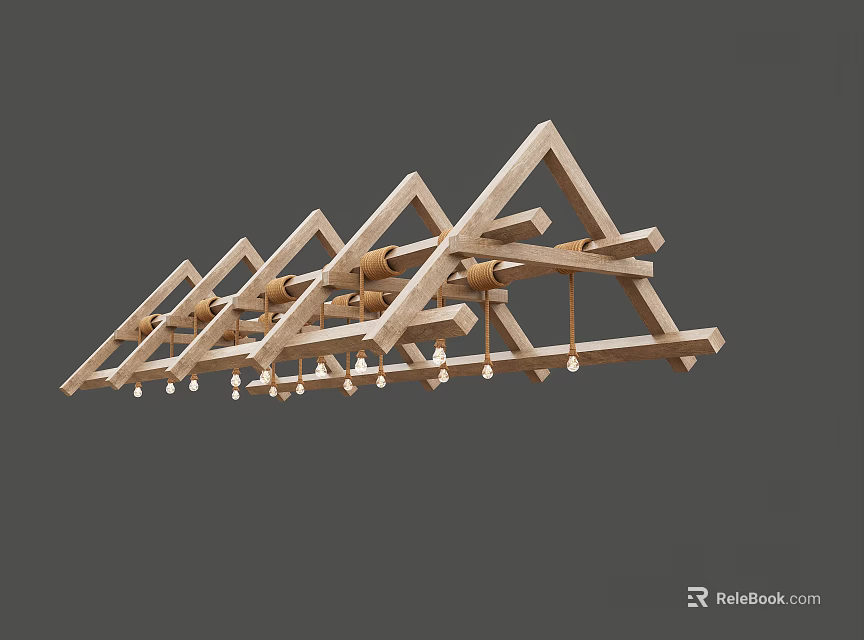 Wooden Chandelier with Multiple Triangular Frames Modern Geometric Design and Hanging Light Bulbs 3d model 