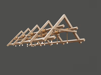 Wooden Chandelier with Multiple Triangular Frames Modern Geometric Design and Hanging Light Bulbs 3d model