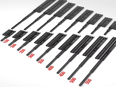 Black Metal Drawer Slides With Various Lengths And Red Size Labels 3d model