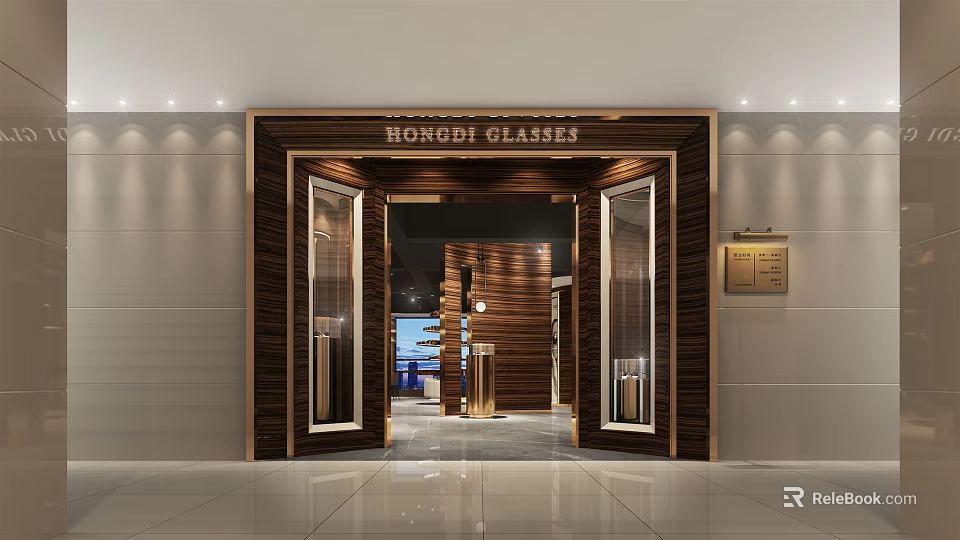 Hongdi Glasses Store Modern Entrance With Glass Doors Wooden Facade And Interior Display Area 3d model 