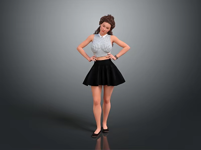 Woman In Light Blue Sleeveless Top Black Pleated Skirt Brown Curly Hair Hands On Hips 3d model