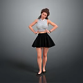 Woman In Light Blue Sleeveless Top Black Pleated Skirt Brown Curly Hair Hands On Hips