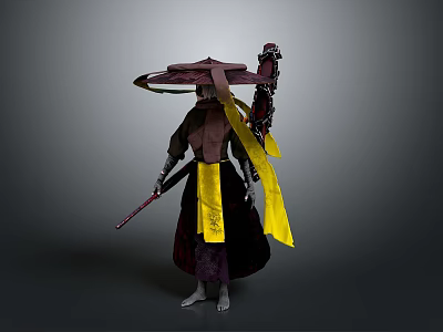 Eastern Style Warrior Character Wearing Large Hat With Yellow Sash And Weapon 3d model
