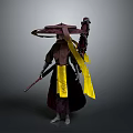 Eastern Style Warrior Character Wearing Large Hat With Yellow Sash And Weapon