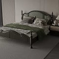 Vintage Double Bed With Green Carved Headboard Patterned Pillows Green Blanket And Nightstand