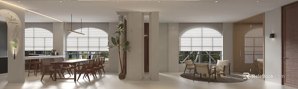 Modern Club Interior Design With Columns Plants Windows Chairs And Tables 3d model 
