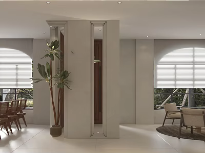 Modern Club Interior Design With Columns Plants Windows Chairs And Tables 3d model