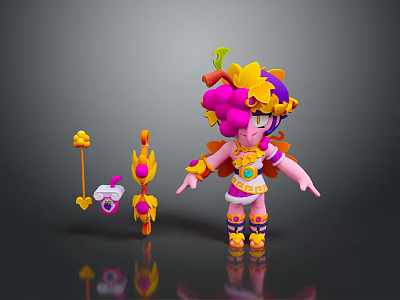 Vibrant 3D Character With Pink Hair Yellow Flower Decor And Props Long Pole Small Device 3d model