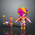 Vibrant 3D Character With Pink Hair Yellow Flower Decor And Props Long Pole Small Device
