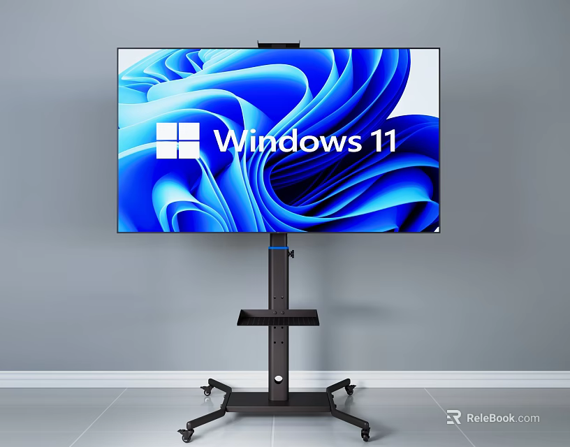Modern TV Displaying Windows 11 On Black Mobile Stand With Rolling Wheels 3d model