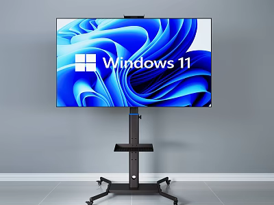 Modern TV Displaying Windows 11 On Black Mobile Stand With Rolling Wheels 3d model