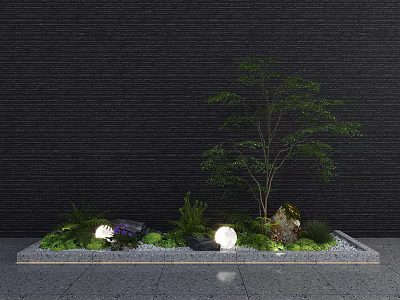 Contemporary Courtyard Garden Featuring Small Tree Green Plants Stones and Landscape Lights on Gravel Ground 3d model