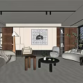 Modern Living Room Interior With Sofa Armchairs Coffee Table Decorative Artwork Floor Lamp And Bookshelves