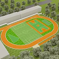 Basketball Court In Outdoor Stadium With Running Track Green Turf And Lush Trees
