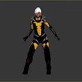 Futuristic Game Movie Character In Yellow Black Armor With White Hair And Red Facial Features Standing