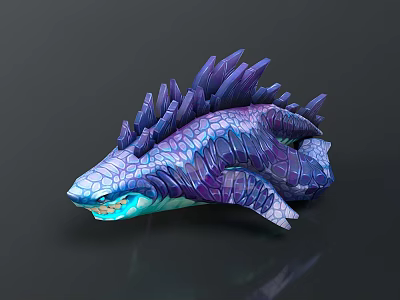 Mythical Purple Blue Creature With Spiked Back And Scaly Texture Glowing Mouth 3d model