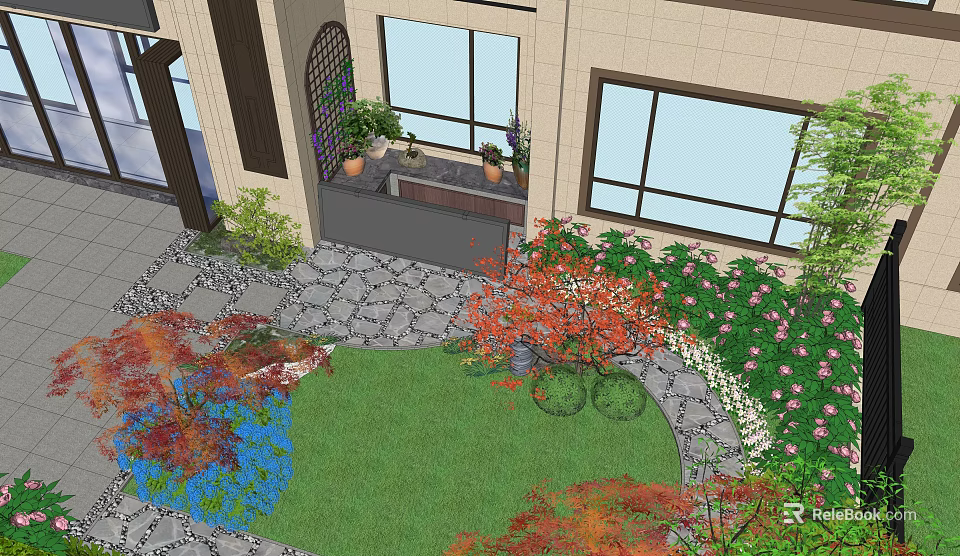 Garden Courtyard Landscape With Arched Gate Paved Patio Green Lawn And Colorful Plants 3d model 
