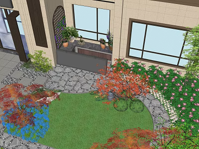 Garden Courtyard Landscape With Arched Gate Paved Patio Green Lawn And Colorful Plants 3d model