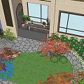 Garden Courtyard Landscape With Arched Gate Paved Patio Green Lawn And Colorful Plants