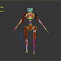 Red Robot Character With Skeleton Structure Holding Sword And Blue Eyes In Gray Background