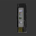 Commercial Upright Beverage Refrigerator With Bottled Drinks Chair And Warning Sign On Brick Floor