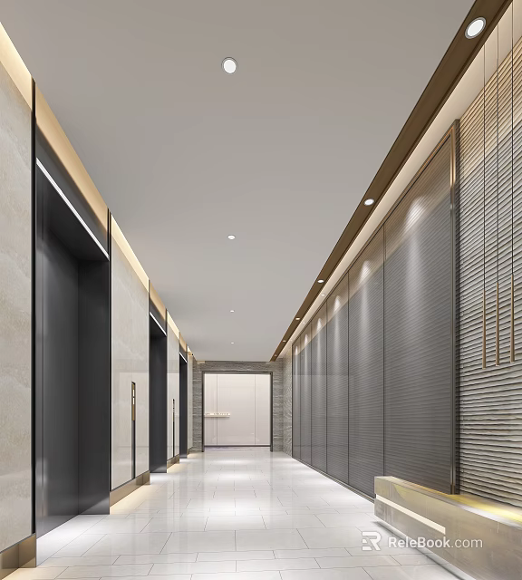 Modern Elevator Hallway Interior Design With Marble Walls Metal Panels And Recessed Lighting 3d model 