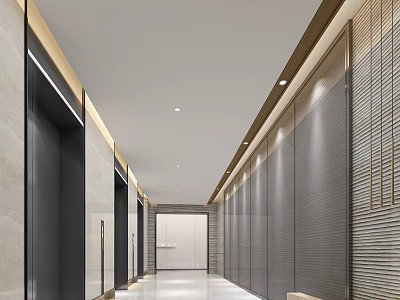 Modern Elevator Hallway Interior Design With Marble Walls Metal Panels And Recessed Lighting 3d model
