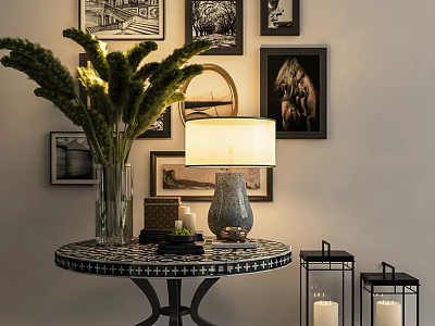 Interior Decor Setup With Round Table Vase Green Plants Lamp Lantern Candlesticks And Wall Framed Art 3d model
