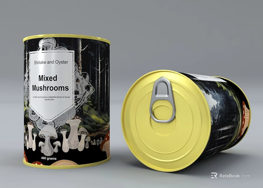 Mixed Mushrooms Canned Food with Speakert Oyster and Yellow Lid Packaging 3d model 