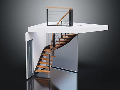 Modern Spiral Staircase Design With Wooden Steps Metal Handrail And White Platform Railing 3d model