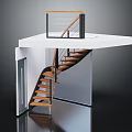 Modern Spiral Staircase Design With Wooden Steps Metal Handrail And White Platform Railing