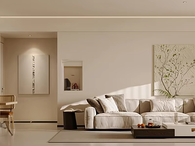 Modern Living And Dining Room Interior With Beige Sofa Coffee Table And Wall Art 3d model