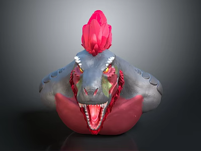 Fierce Mythical Creature With Gray Red Body Red Flaming Crest Yellow Eyes And Sharp Teeth 3d model