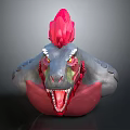 Fierce Mythical Creature With Gray Red Body Red Flaming Crest Yellow Eyes And Sharp Teeth