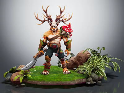 Antlered Skull Game Character With Mushroom Shoulder Holding Sword On Grass Base With Ferns Rocks 3d model
