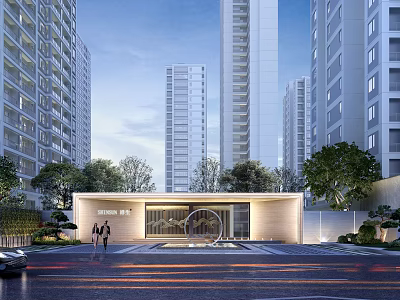 Modern Building Facade of Urban Residential Complex With Minimalist Light-colored Design and Landscaped Entrance Area 3d model